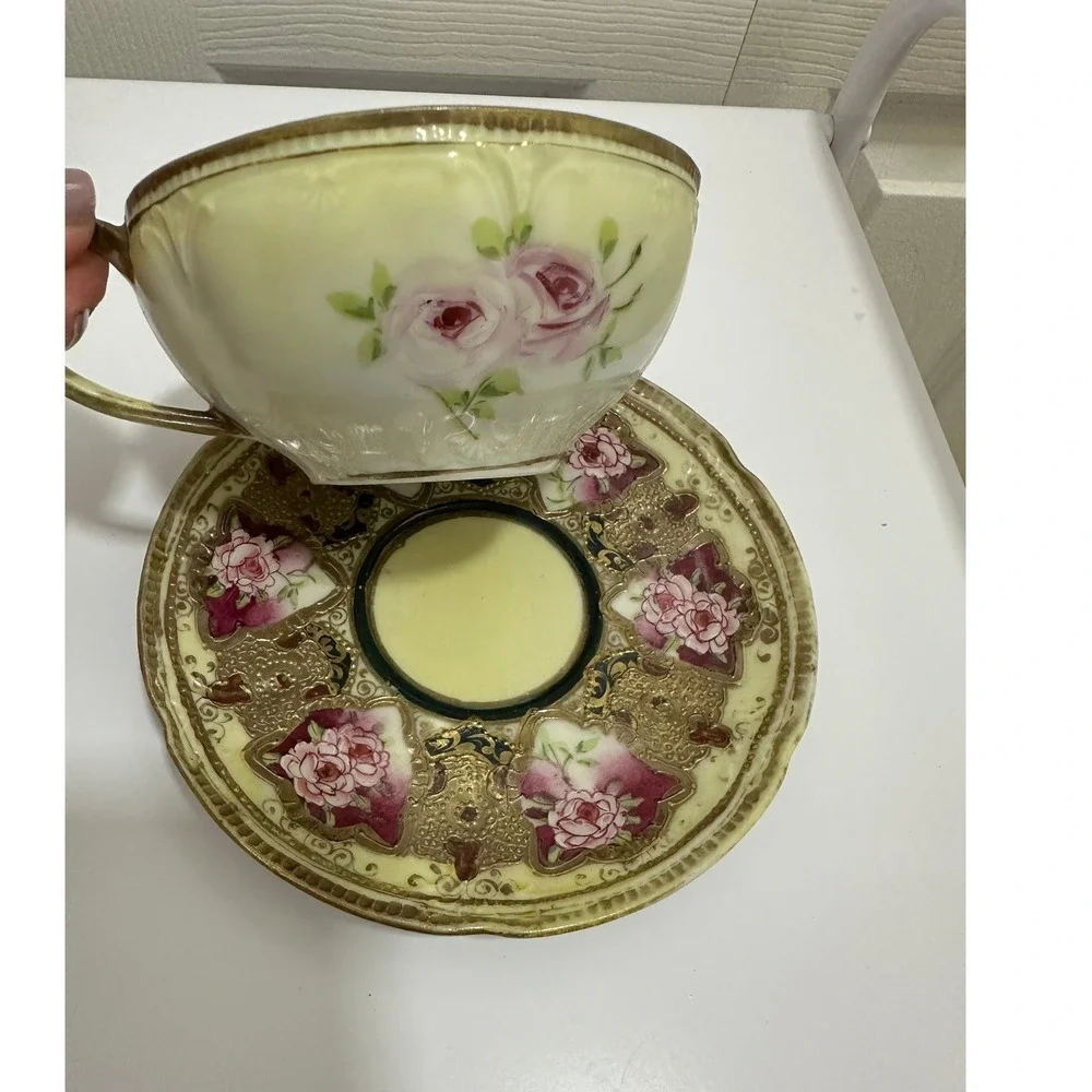 Nippon Tea Cup Saucer Set Unisex OS Yellow Good Floral Gold Moriage Hand Painted